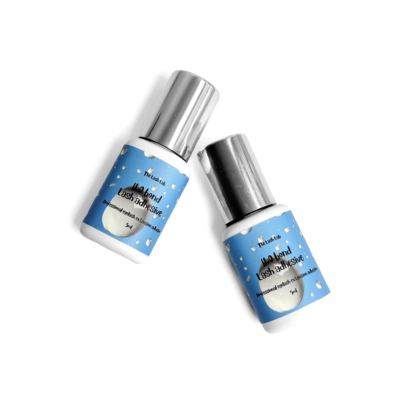 Two 5mL bottles of H2O Bond Lash Adhesive on a white background